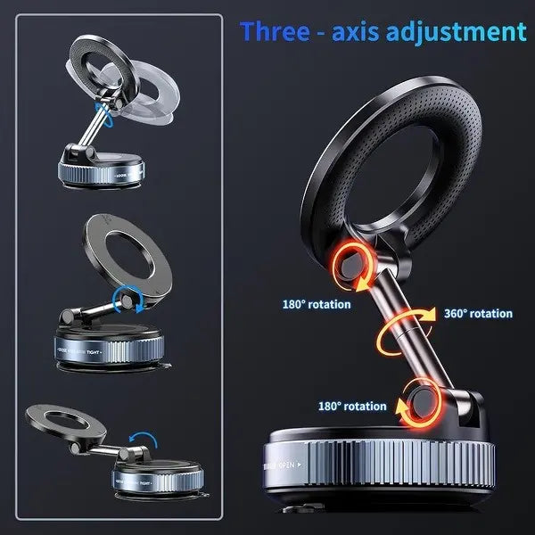 Universal Magnetic Car Phone Holder Strong Vacuum Suction Cup Mount for All Smartphones & Vehicles Foldable Design Works on Dashboard Gym & Bathroom Mirrors